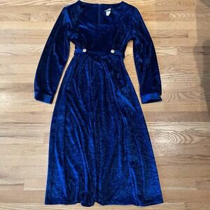 Brett Alixander Vintage 90s Velvet Midi Dress Dark Academia Blue Tie Back Bow